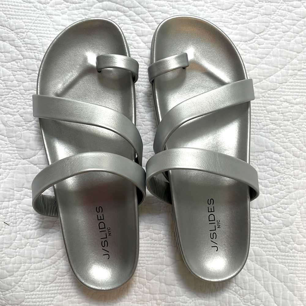 J/Slides NYC Rihanna platform metallic sandals